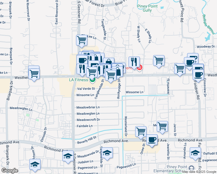 map of restaurants, bars, coffee shops, grocery stores, and more near 9525 Westheimer Road in Houston