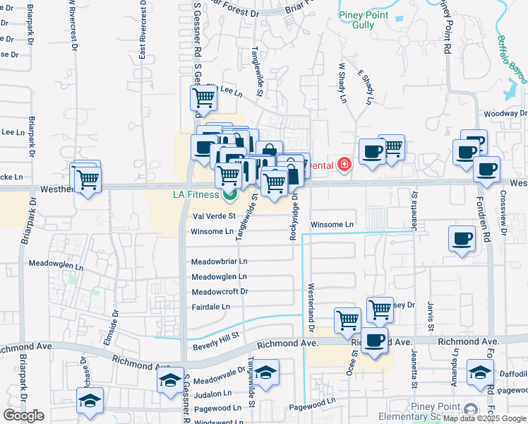map of restaurants, bars, coffee shops, grocery stores, and more near 9546 Val Verde Street in Houston