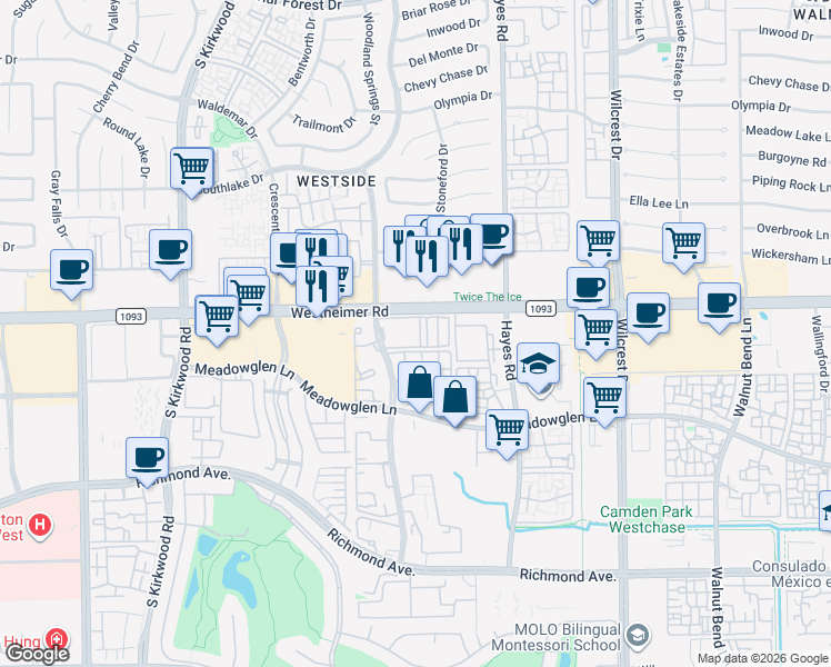 map of restaurants, bars, coffee shops, grocery stores, and more near 2601 Woodland Park Drive in Houston
