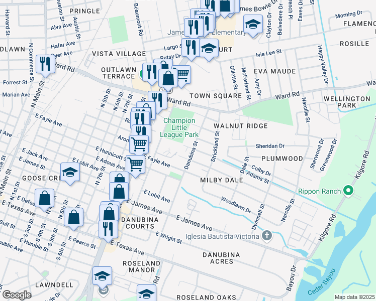 map of restaurants, bars, coffee shops, grocery stores, and more near 1205 Adams Street in Baytown