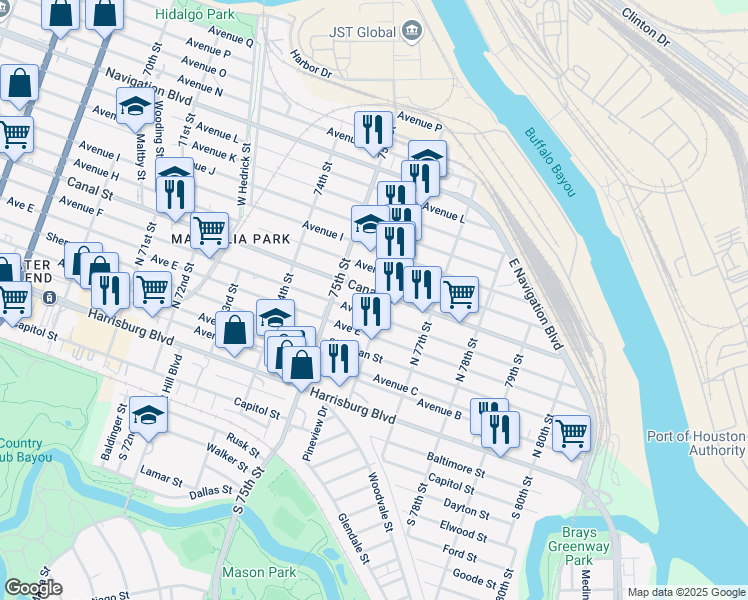 map of restaurants, bars, coffee shops, grocery stores, and more near 7542 Canal Street in Houston