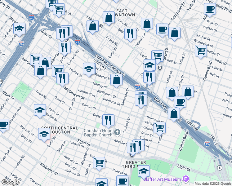 map of restaurants, bars, coffee shops, grocery stores, and more near 3232 Hadley Street in Houston