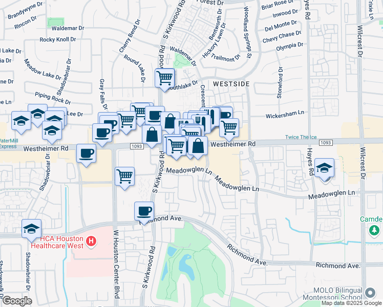 map of restaurants, bars, coffee shops, grocery stores, and more near 11805 Westheimer Road in Houston