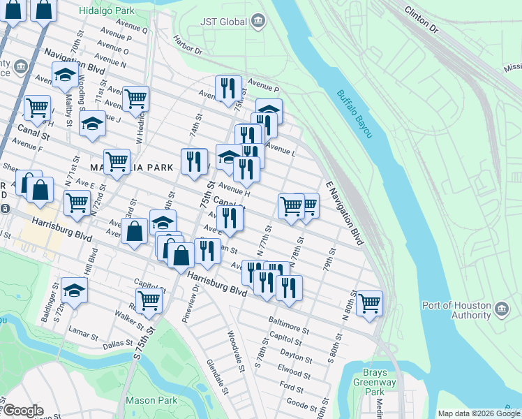 map of restaurants, bars, coffee shops, grocery stores, and more near 7623 Canal Street in Houston