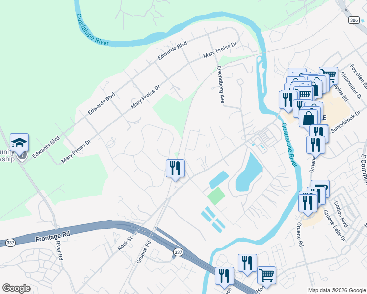 map of restaurants, bars, coffee shops, grocery stores, and more near 1008 Carriage Loop in New Braunfels