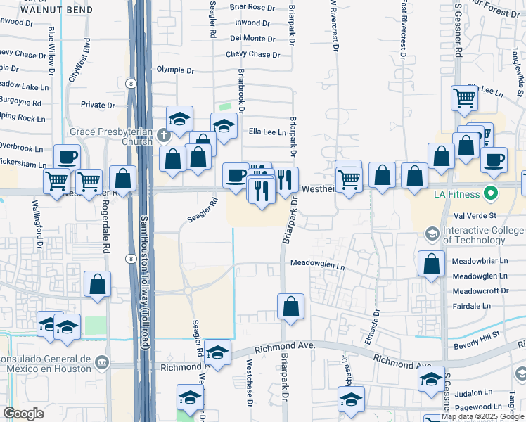 map of restaurants, bars, coffee shops, grocery stores, and more near 10001 Westheimer Road in Houston