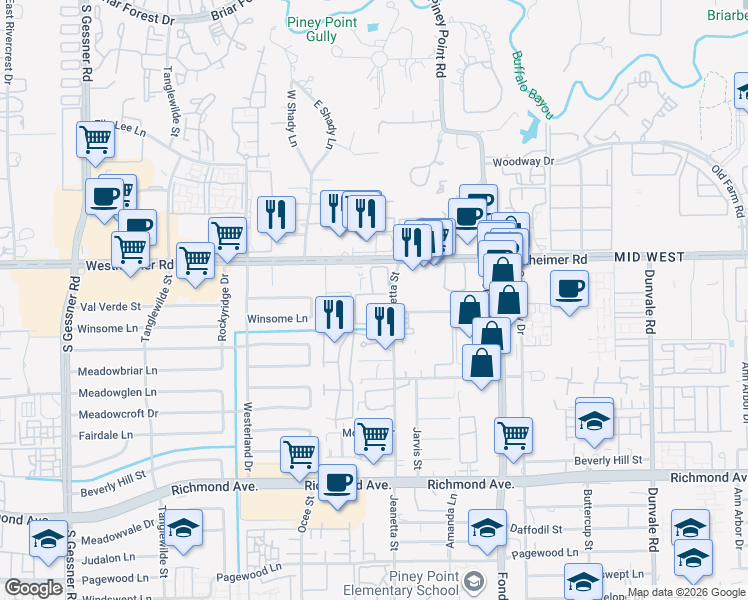 map of restaurants, bars, coffee shops, grocery stores, and more near 2742 Jeanetta Street in Houston