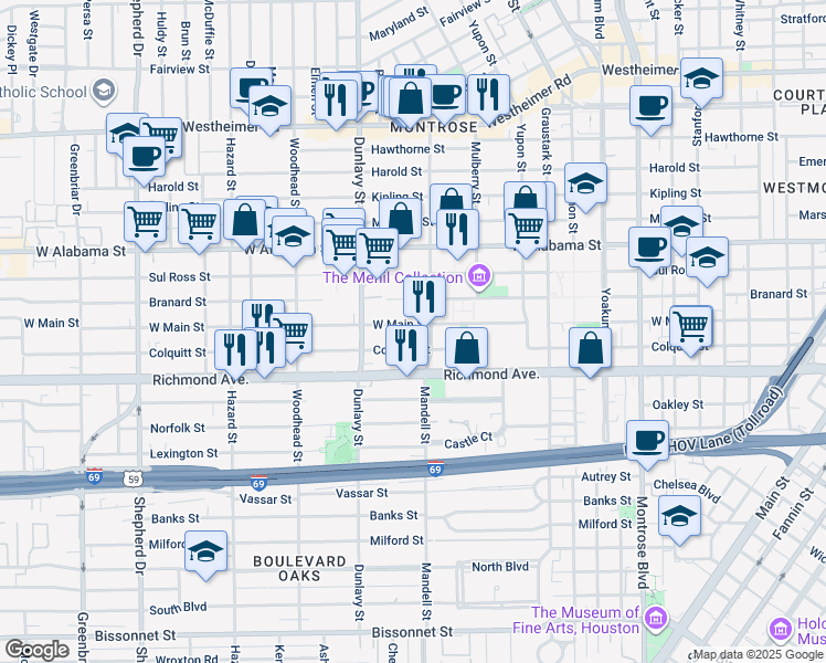 map of restaurants, bars, coffee shops, grocery stores, and more near 1615 West Main Street in Houston
