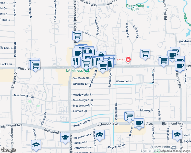 map of restaurants, bars, coffee shops, grocery stores, and more near 9546 Val Verde Street in Houston
