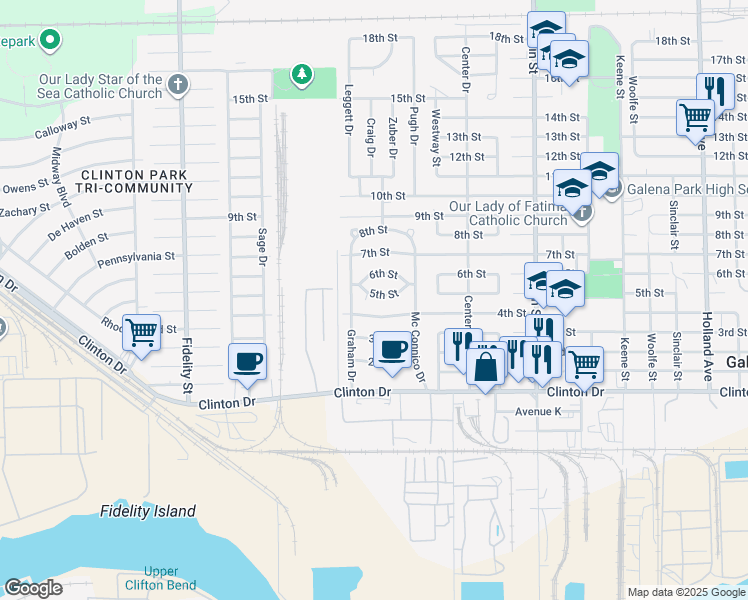 map of restaurants, bars, coffee shops, grocery stores, and more near 2214 5th Street in Galena Park