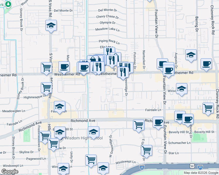 map of restaurants, bars, coffee shops, grocery stores, and more near 2822 Briarhurst Drive in Houston