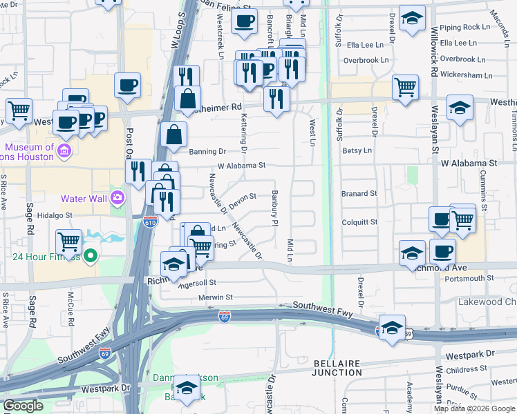 map of restaurants, bars, coffee shops, grocery stores, and more near 4518 Shetland Lane in Houston