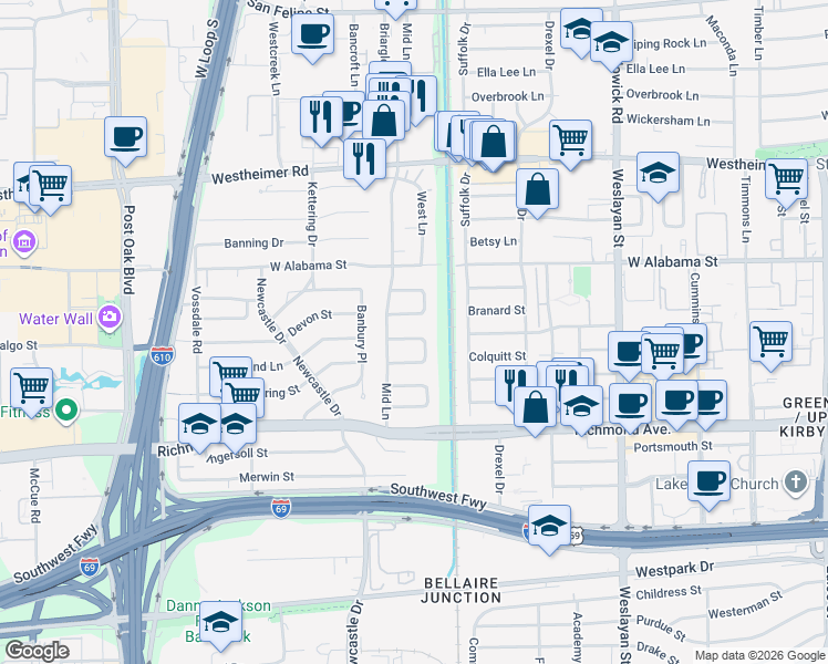 map of restaurants, bars, coffee shops, grocery stores, and more near 10 Hackberry Lane in Houston