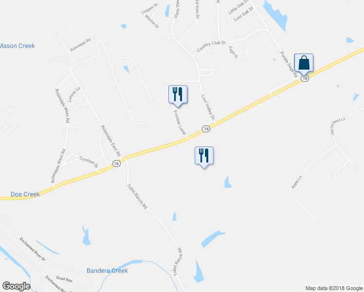 map of restaurants, bars, coffee shops, grocery stores, and more near 2412 Texas 16 in Bandera