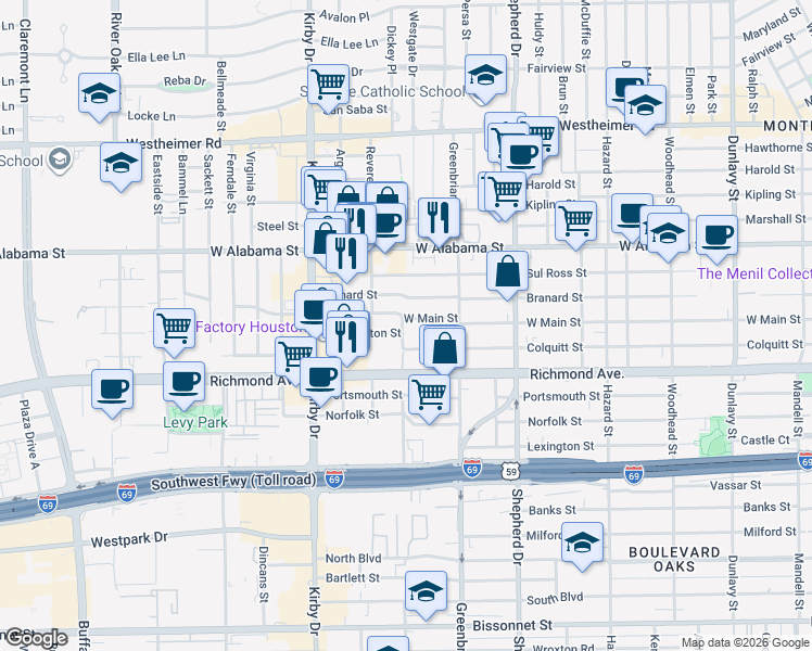 map of restaurants, bars, coffee shops, grocery stores, and more near 2249 West Main Street in Houston