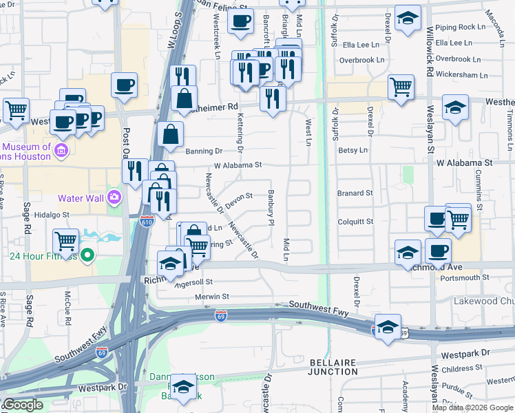 map of restaurants, bars, coffee shops, grocery stores, and more near 4514 Shetland Ln in Houston