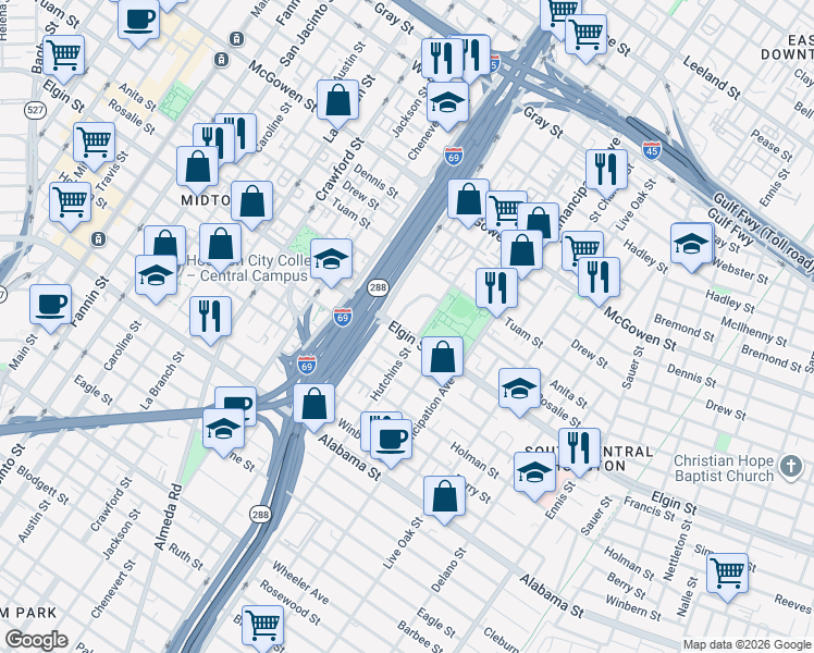 map of restaurants, bars, coffee shops, grocery stores, and more near 2111 Elgin Street in Houston