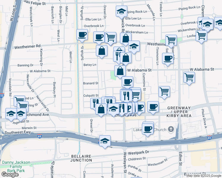 map of restaurants, bars, coffee shops, grocery stores, and more near 3302 La Salle Street in Houston