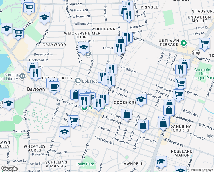 map of restaurants, bars, coffee shops, grocery stores, and more near 500 North Commerce Street in Baytown
