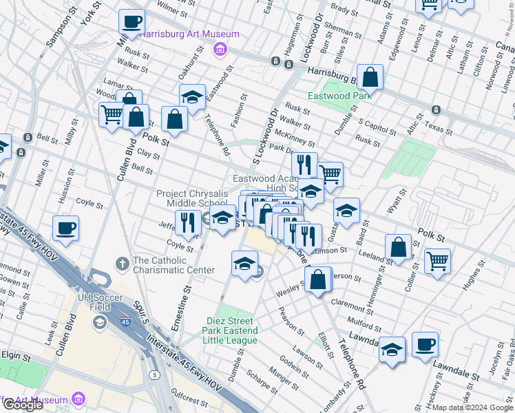 map of restaurants, bars, coffee shops, grocery stores, and more near 4630 Bell Street in Houston