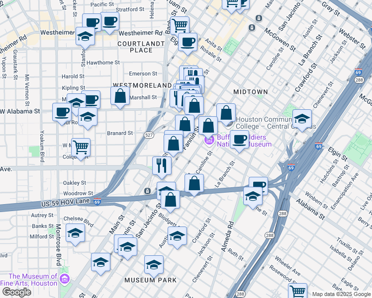 map of restaurants, bars, coffee shops, grocery stores, and more near 4002 Fannin Street in Houston