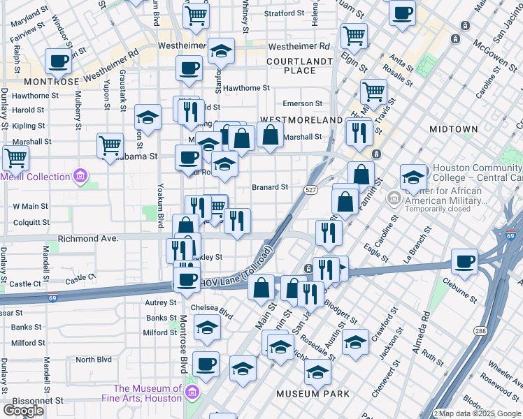 map of restaurants, bars, coffee shops, grocery stores, and more near 515 West Main Street in Houston
