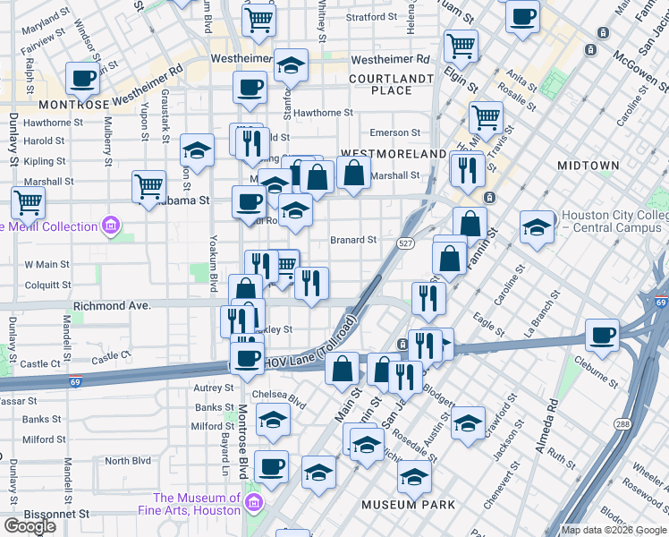 map of restaurants, bars, coffee shops, grocery stores, and more near 515 West Main Street in Houston