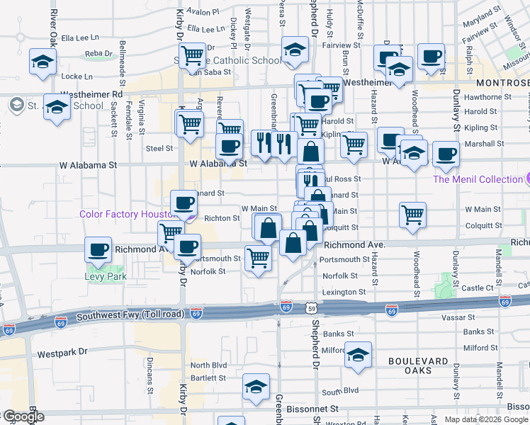map of restaurants, bars, coffee shops, grocery stores, and more near 2209 West Main Street in Houston