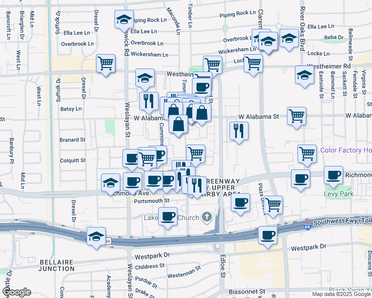 map of restaurants, bars, coffee shops, grocery stores, and more near 3131 Timmons Lane in Houston