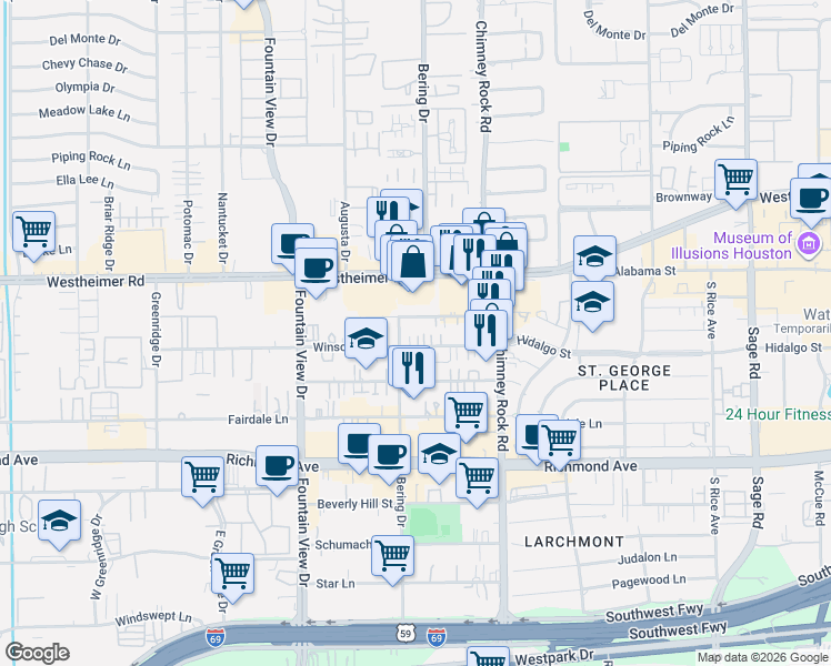 map of restaurants, bars, coffee shops, grocery stores, and more near 5713 Val Verde Street in Houston