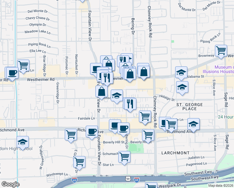 map of restaurants, bars, coffee shops, grocery stores, and more near 2815 Val Verde Court in Houston