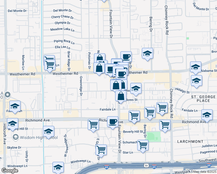 map of restaurants, bars, coffee shops, grocery stores, and more near 2800 Fountain View Drive in Houston
