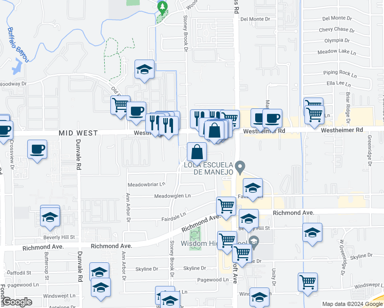 map of restaurants, bars, coffee shops, grocery stores, and more near 2808 Stoney Brook Drive in Houston