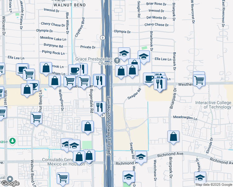 map of restaurants, bars, coffee shops, grocery stores, and more near 10205 Westheimer Road in Houston