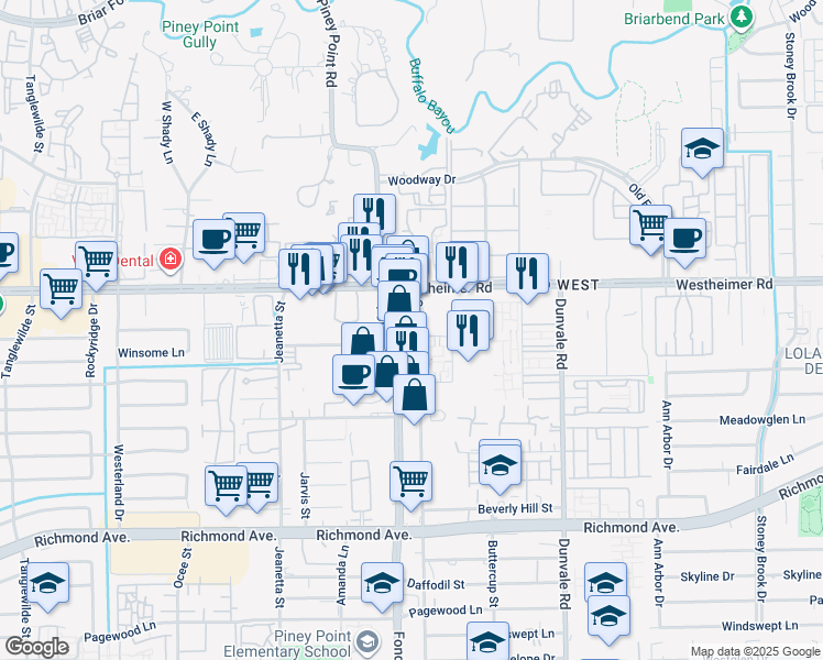 map of restaurants, bars, coffee shops, grocery stores, and more near 2720 Crossview Drive in Houston