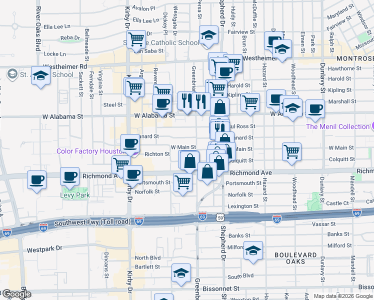 map of restaurants, bars, coffee shops, grocery stores, and more near 2209 West Main Street in Houston