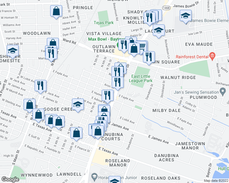 map of restaurants, bars, coffee shops, grocery stores, and more near 1001 North Alexander Drive in Baytown