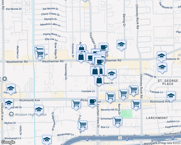 map of restaurants, bars, coffee shops, grocery stores, and more near 2800 Fountain View Drive in Houston