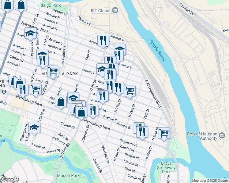 map of restaurants, bars, coffee shops, grocery stores, and more near 7623 Canal Street in Houston