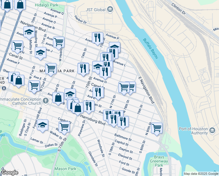 map of restaurants, bars, coffee shops, grocery stores, and more near 7623 Canal Street in Houston