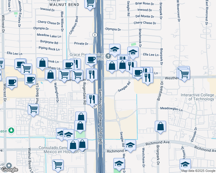 map of restaurants, bars, coffee shops, grocery stores, and more near 10205 Westheimer Road in Houston