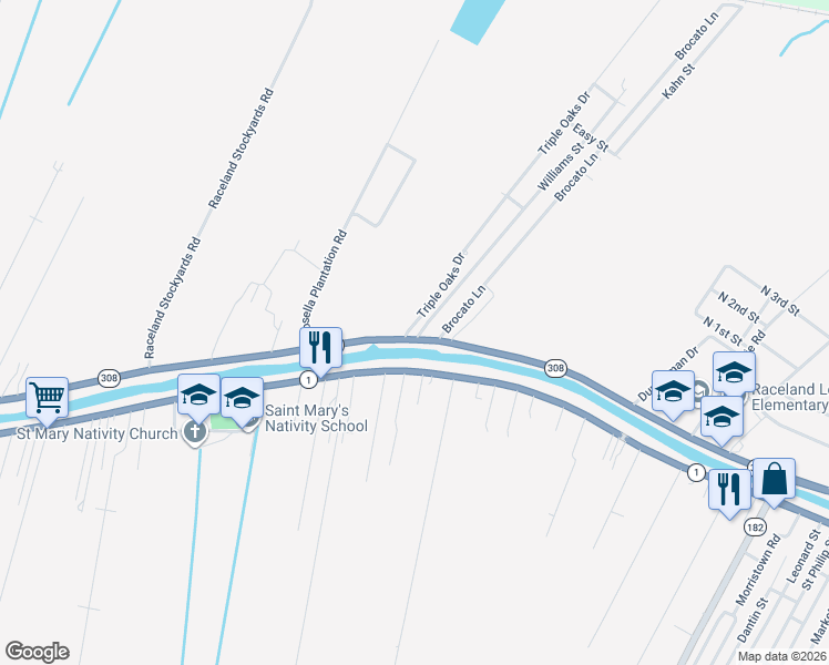 map of restaurants, bars, coffee shops, grocery stores, and more near 100-200 Triple Oaks Dr in Raceland