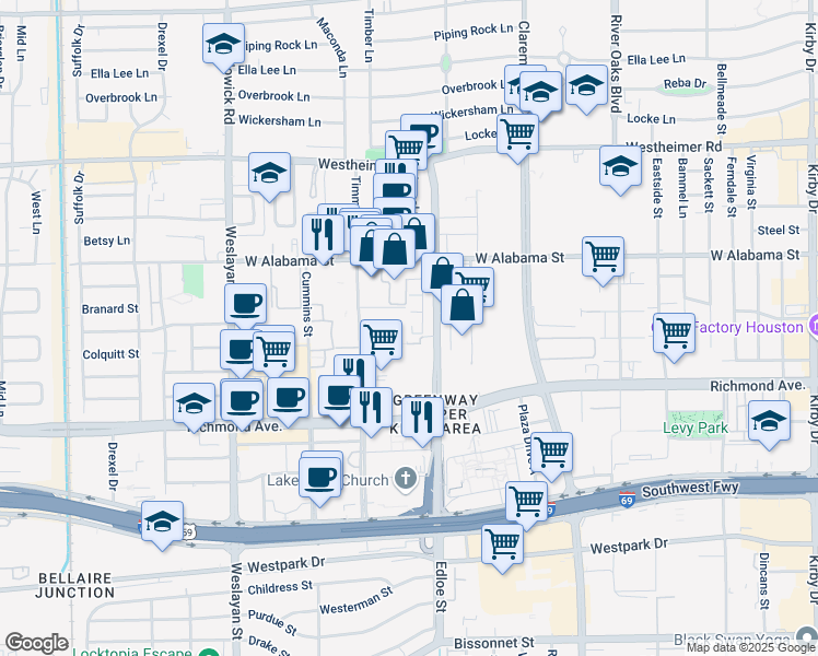 map of restaurants, bars, coffee shops, grocery stores, and more near 3222 Alabama Court in Houston