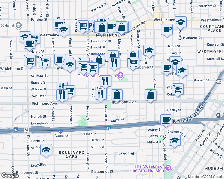 map of restaurants, bars, coffee shops, grocery stores, and more near 1517 West Main Street in Houston