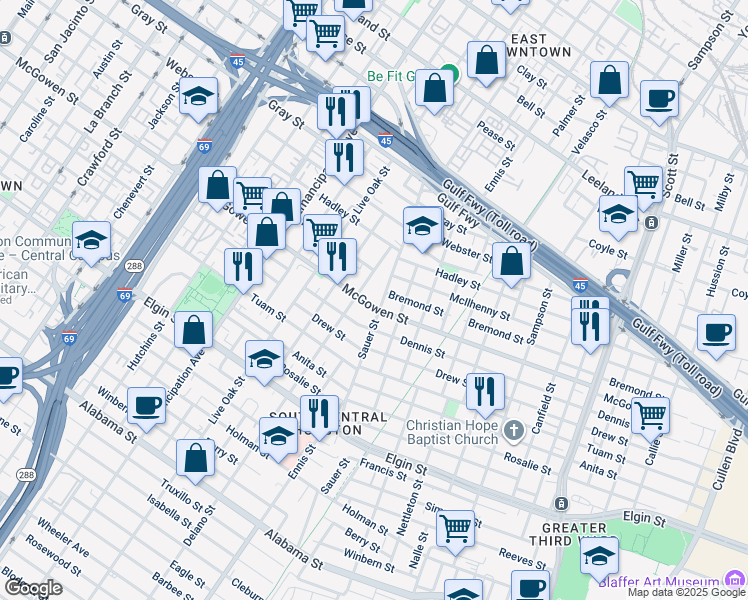 map of restaurants, bars, coffee shops, grocery stores, and more near 2815 McGowen Street in Houston