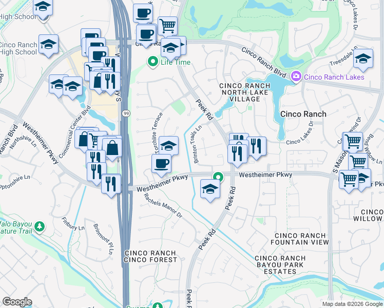 map of restaurants, bars, coffee shops, grocery stores, and more near 3406 Brinton Trails Lane in Katy