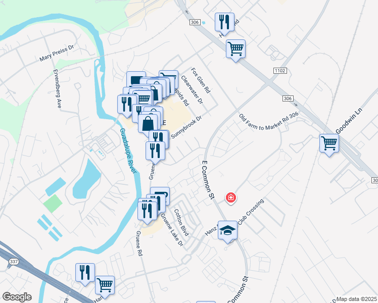 map of restaurants, bars, coffee shops, grocery stores, and more near 1207 Gruene Vintage in New Braunfels