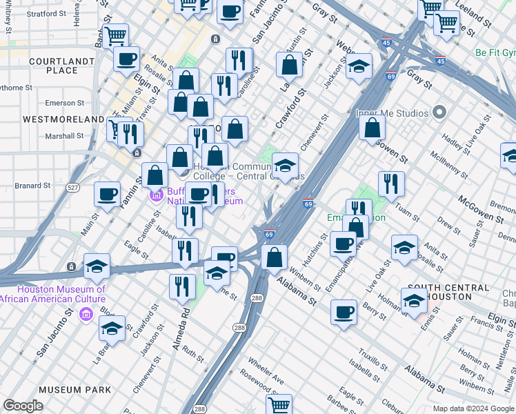 map of restaurants, bars, coffee shops, grocery stores, and more near 3400 Chenevert Street in Houston