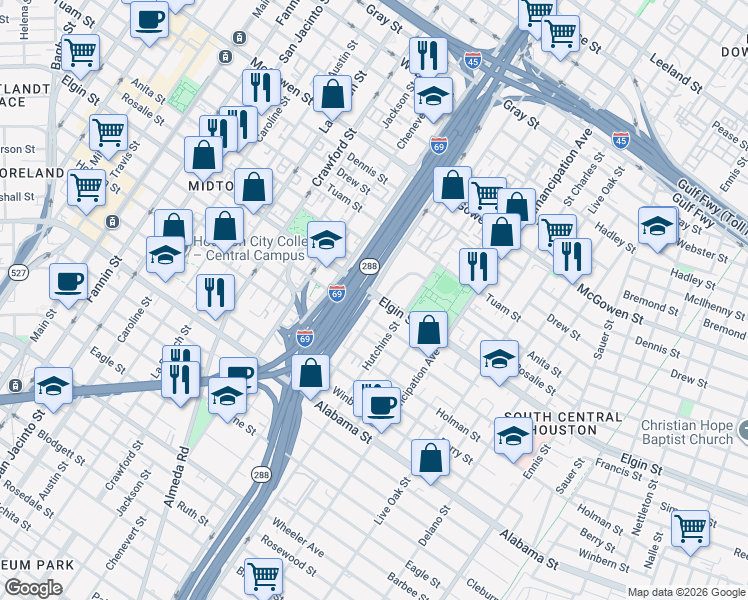map of restaurants, bars, coffee shops, grocery stores, and more near 2012 Elgin Street in Houston
