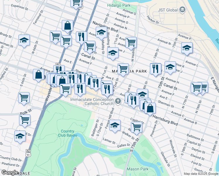 map of restaurants, bars, coffee shops, grocery stores, and more near 7133 Avenue C in Houston